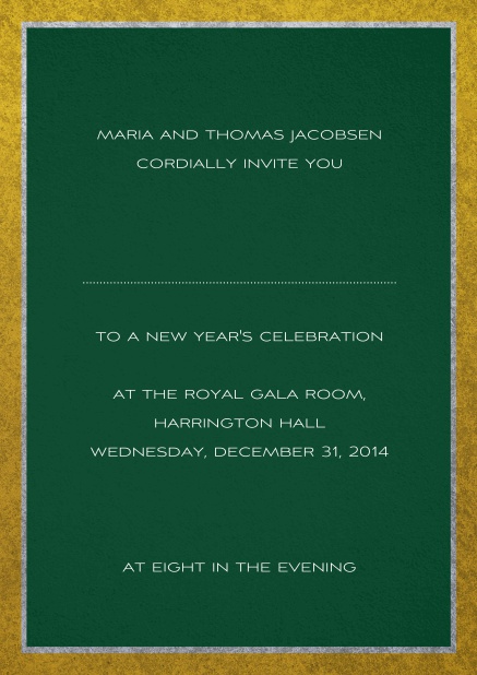 Klassische Einladungskarte mit silbernen und goldenem Rahmen. Grün.