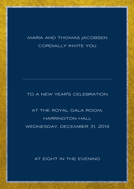 Classic online invitation card with silver and gold frame. Navy.