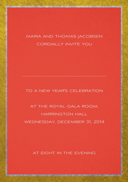 Klassische Einladungskarte mit silbernen und goldenem Rahmen. Rot.