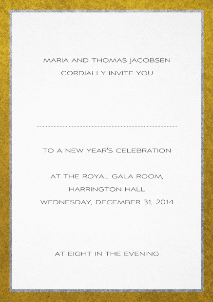 Classic invitation card with silver and gold frame. White.