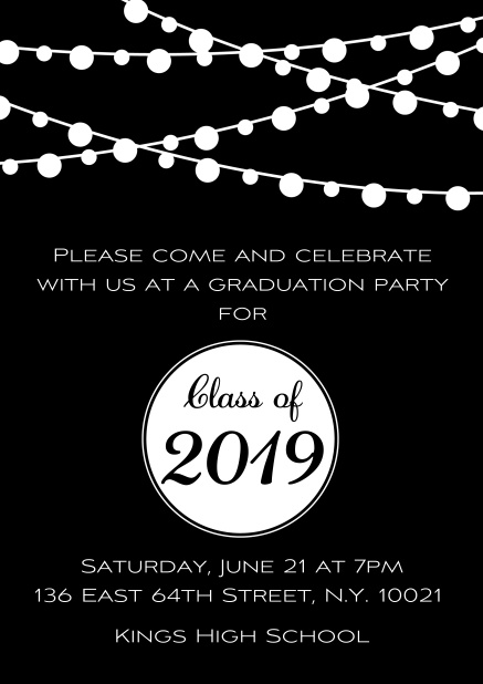 Class of 2019 graduation online invitation card with party lanterns. Black.