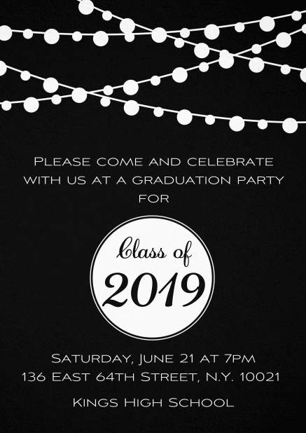 Class of 2019 graduation invitation card with party lanterns. Black.