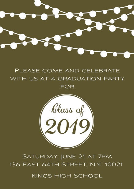 Class of 2019 graduation online invitation card with party lanterns. Gold.