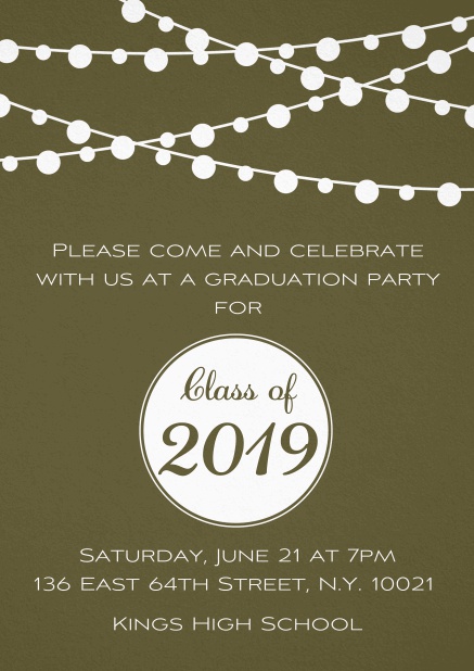 Class of 2019 graduation invitation card with party lanterns. Gold.