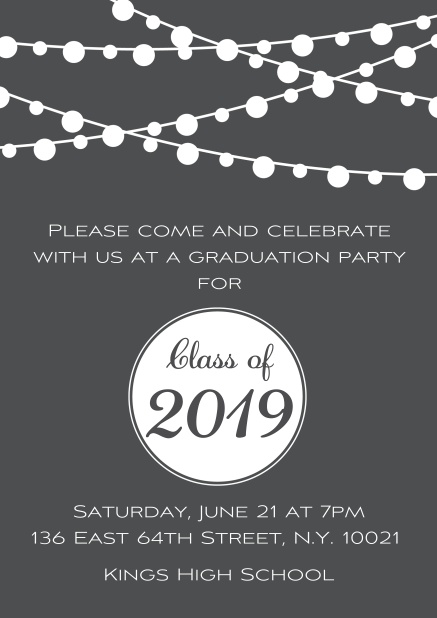 Class of 2019 graduation online invitation card with party lanterns. Grey.