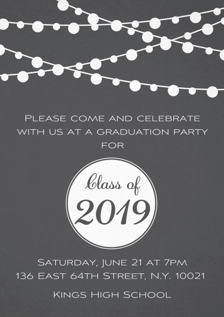 Class of 2019 graduation invitation card with party lanterns. Grey.