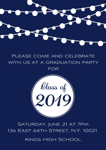 Class of 2019 graduation online invitation card with party lanterns. Navy.
