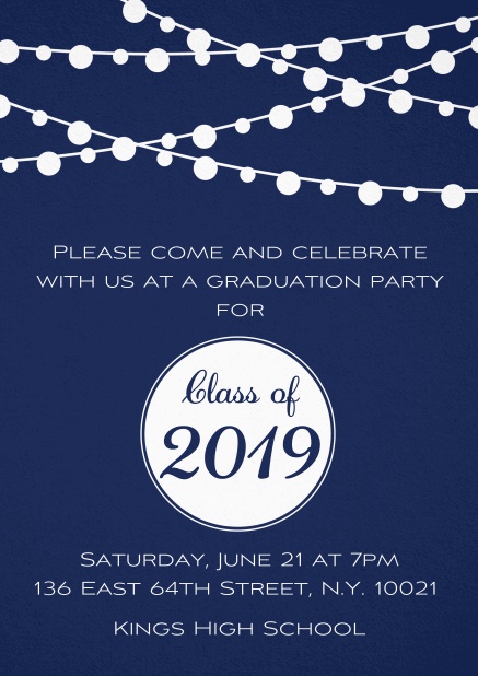 Class of 2019 graduation invitation card with party lanterns. Navy.