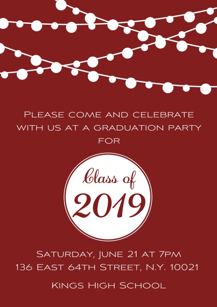 Class of 2019 graduation online invitation card with party lanterns. Red.