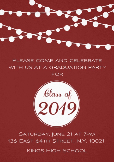 Class of 2019 graduation invitation card with party lanterns. Red.