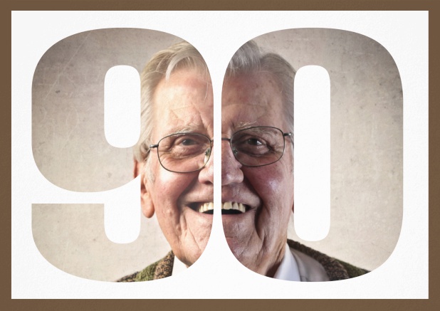 Einladungskarte zum 90. Geburtstag oder Jubiläum mit ausgeschnittener Zahl 90 für ein eigenes Foto.