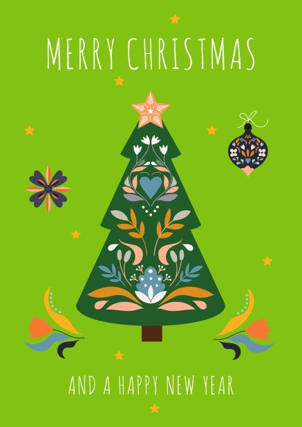 Online Green Holiday card with Christmas text and green tree.