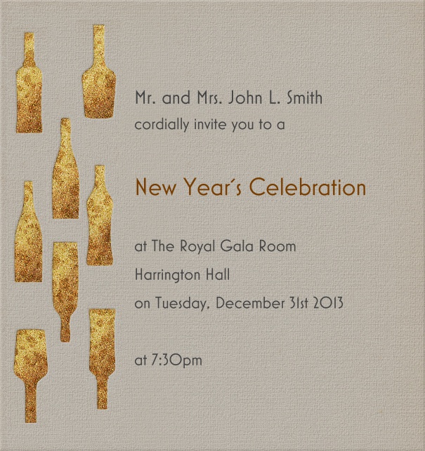 Hochkant beige Partyeinladungskarte mit kunstvoll gestalteten Champagner Flaschen links auf der Karte.