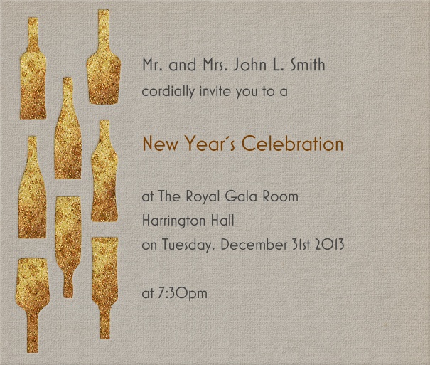 Square format beige celebration invitation card with artsy champagne bottles on left side of card.