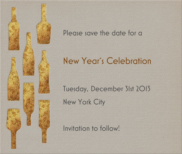 Beige Event Celebration Save the Date Card with Gold Champagne Bottles.
