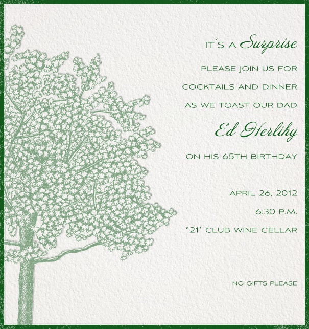 Einladungskarte mit grünem Rand und Baum und dazu passendem Text.