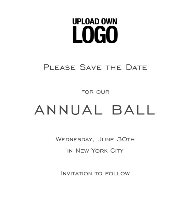 Online Save the Date template for corporate events and annual ball with bright background and text box in the middle with space on the top to upload own logo.