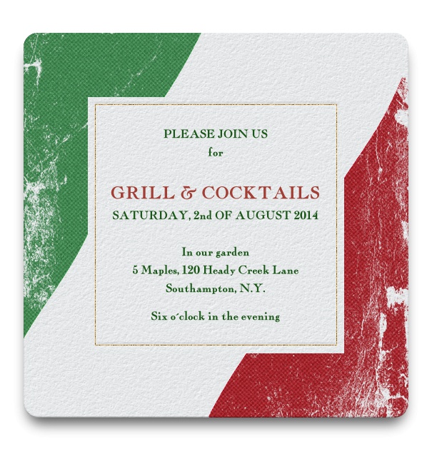 Italian Flag Themed Iinvitation to Grill and cocktails with a golden frame around text.
