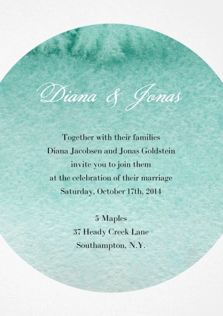 Wedding invitation card with water color oval background for text.
