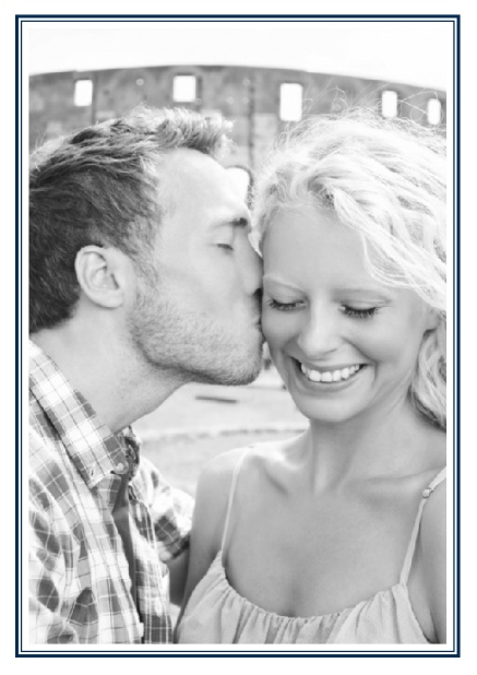 Online Classic Wedding save the date card in portrait with photo and fein double lined frame in choosable colors. Navy.