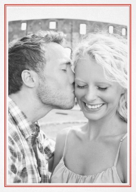 Classic Wedding save the date card in portrait with photo and fein double lined frame in choosable colors. Red.