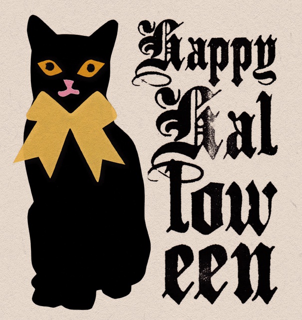 Cremefarbiges Halloween Kartendesign mit schwarzer Katze.
