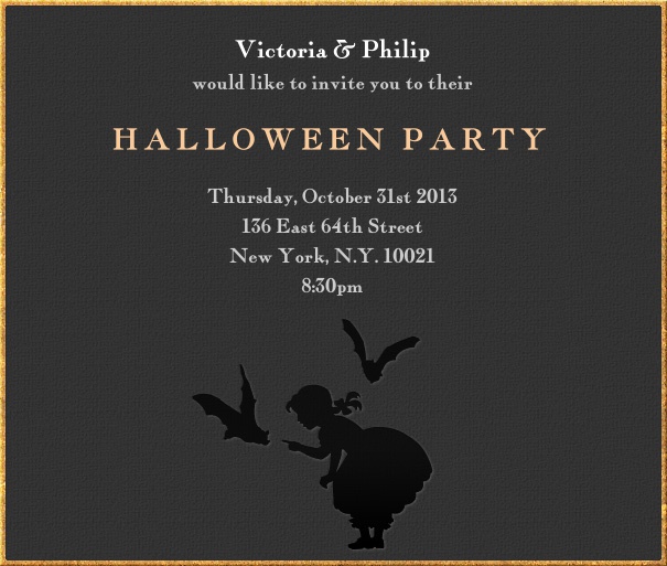 Square Halloween themed party invitation with witch and bats.