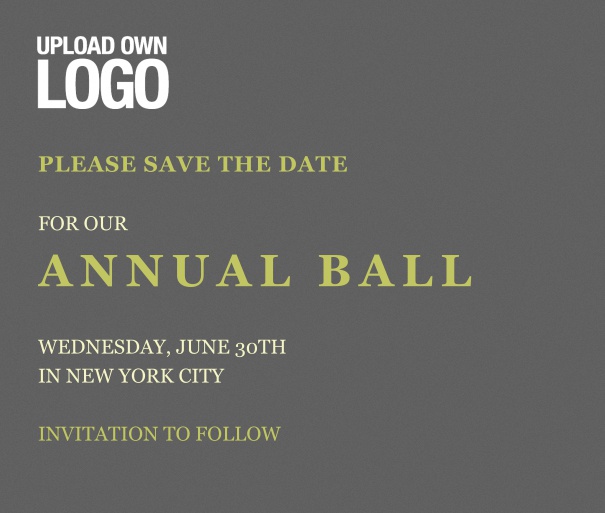 Squared grey Save the Date template for corporate events and annual ball with text box in the middle with space on the top to upload own logo.