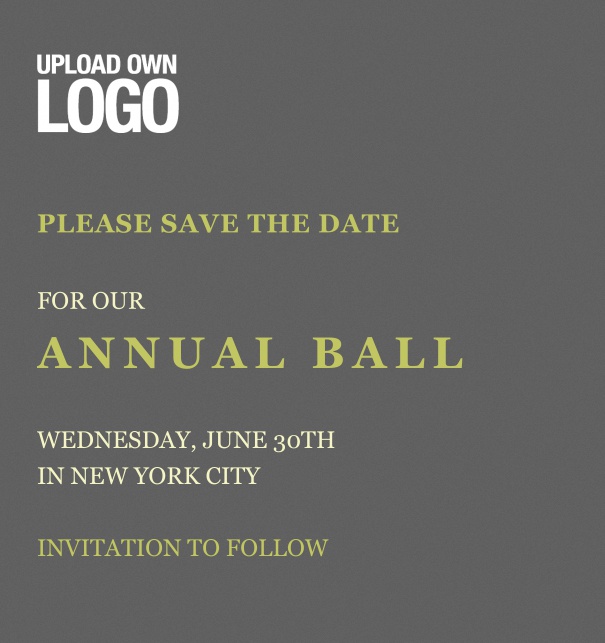 Rectangular dark grey Save the Date template for corporate events and annual ball with text box in the middle with space on the top to upload own logo.