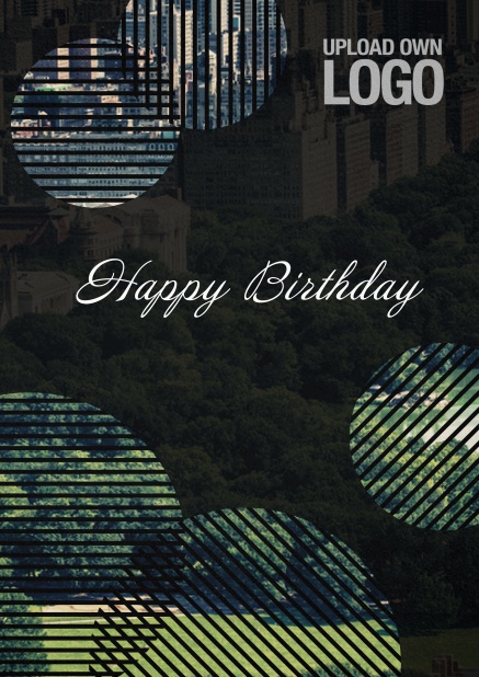 Dark Corporate Birthday greeting card with circular photo fields with artistic lines.