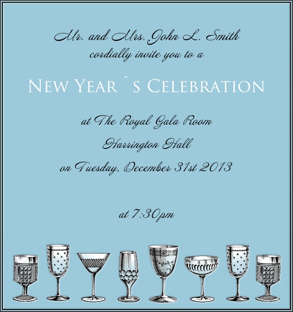 High Format Light Blue Celebration Invitation Card with Champagne Glasses and customizable text.