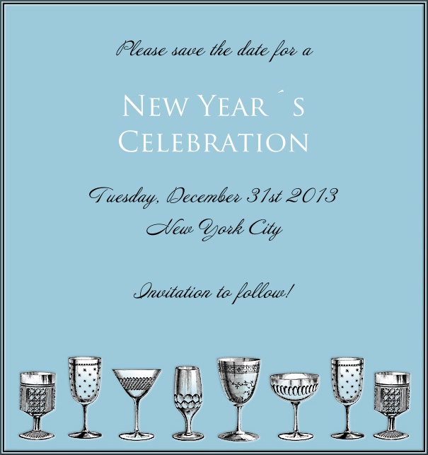 High Light Blue Celebration Save the Date With Cocktail Glasses.