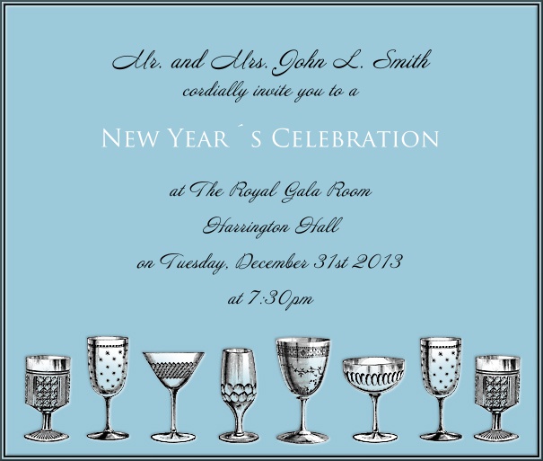 Square Light Blue Celebration Invitation Card with Champagne Glasses and customizable text.