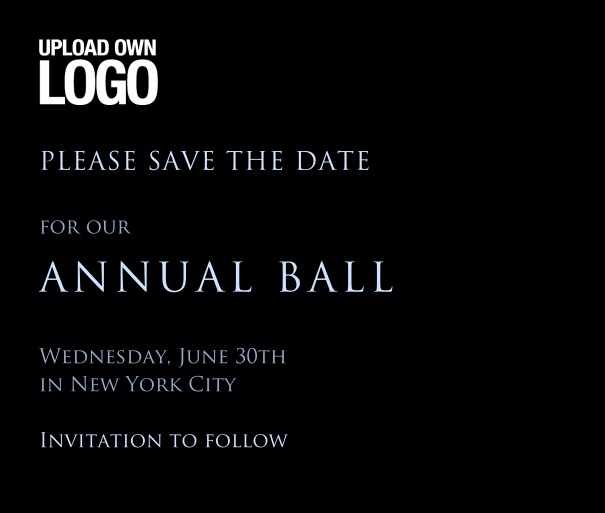 Squared online invitation template for corporate events and annual ball with dark background and text box in the middle with space on the top to upload own logo.