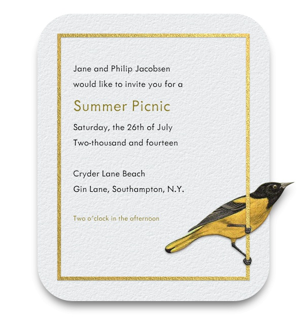 White Summer Picnic Invitation with gold border and bird.