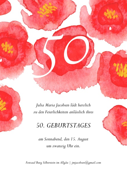 Online Einladung mit großen, roten Blumen oben zum 50. Geburtstag.