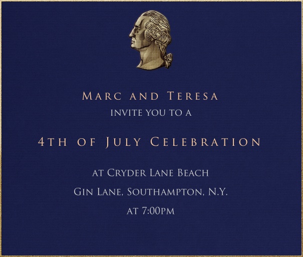 Blaue Einladungskarte in Quadratformat mit einem President George Washinton Emblem oben auf Karte.