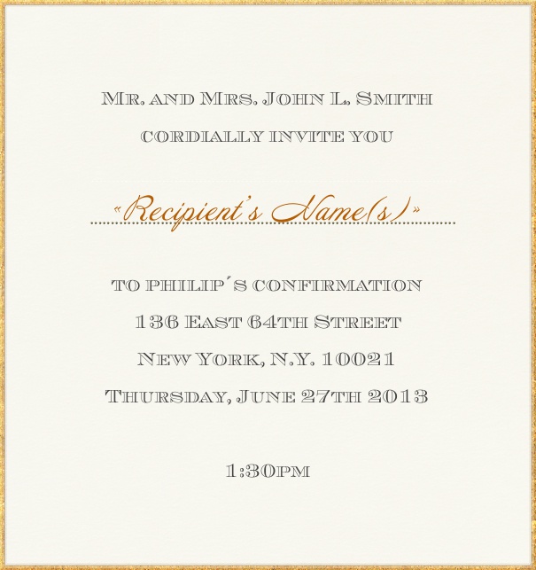 Weiße Einladungskarte für Taufe und Konfirmation mit goldenem Rand.
