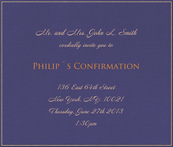 Blaue Einladungskarte für Taufe und Konfirmation mit goldenem Rand.