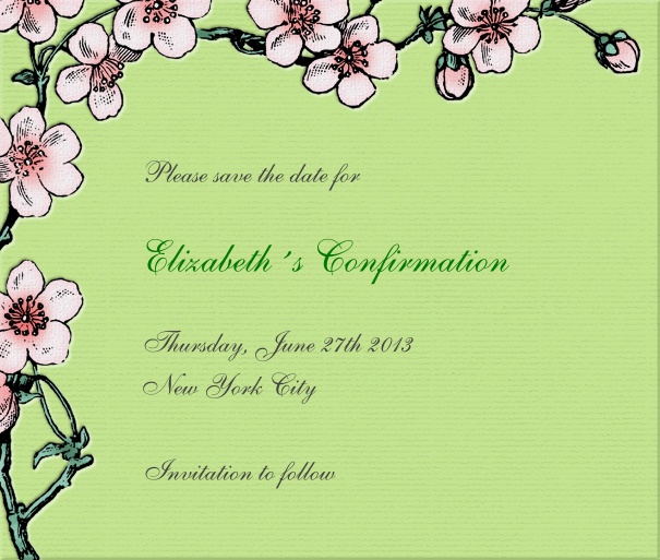 Green Spring themed Christening and Confirmation Save the Date design with flowers.