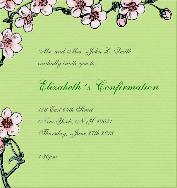 Grüne Online Einladungskarte zur Taufe und Konfirmation mit rosafarbener Blumendekoration.