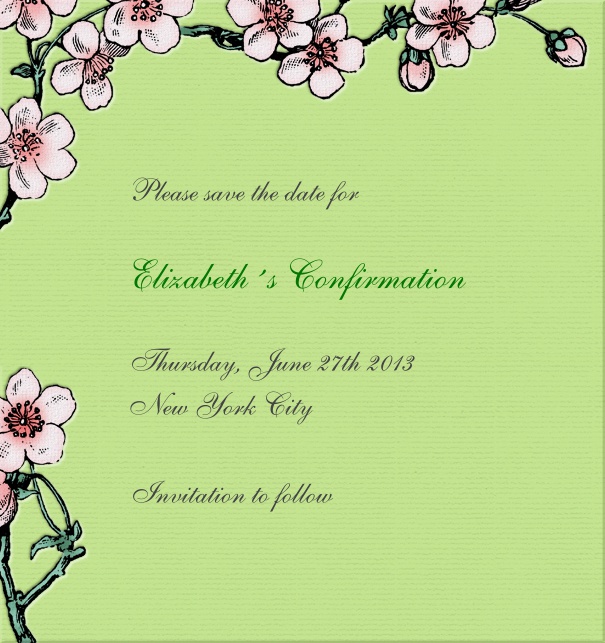 High format Green Spring themed Christening and Confirmation Save the Date design with flowers.