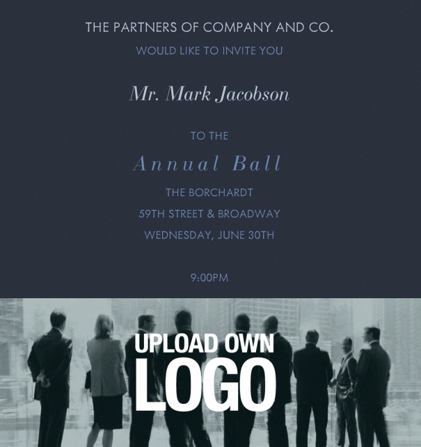 Corporate Gala Invitation Online with Blue Image and Formal Text.