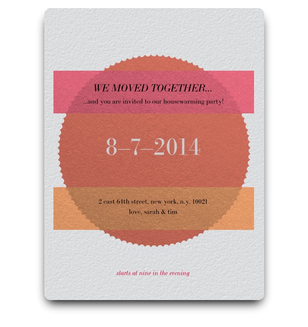 Simple modern invitation card with text placed on a round seal and two horizontal stripes.