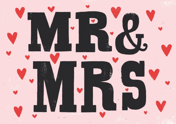 Modern online card with red hearts and the black words "Mr&Mrs".