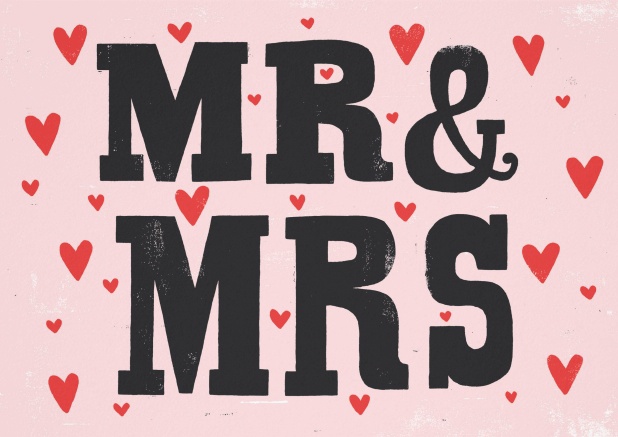 Modern card with red hearts in the background and the black words Mr&Mrs in the front.