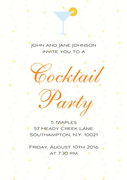 Online Cocktail party invitation card with a cocktail grass and yellow polka dot background.
