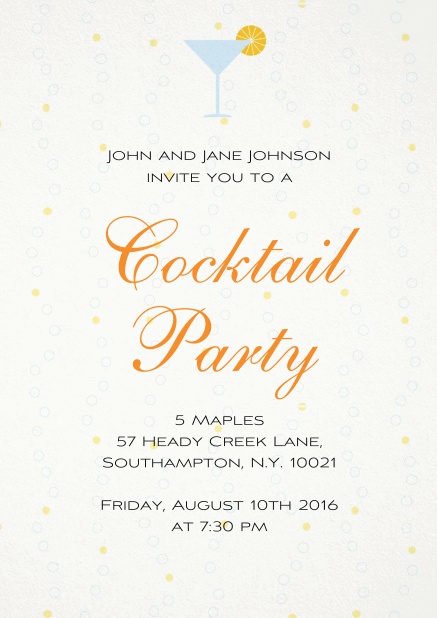 Cocktail party invitation card with a cocktail grass and yellow polka dot background.