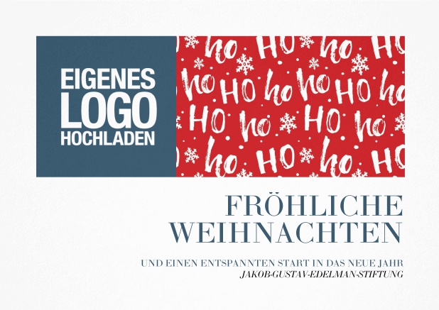 Einladungskarte zur Weihnachtsfeier mit rotem Design mit ho ho ho Text und Logo-Option. Blau.