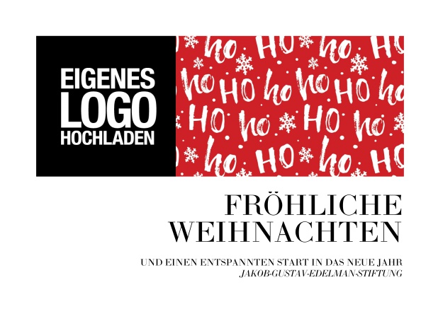 Online Einladungskarte zur Weihnachtsfeier mit rotem Design mit ho ho ho Text und Logo-Option. Weiss.
